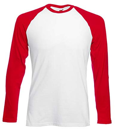Fruit of the Loom Men's Baseball Longsleeve T Shirt, White (White/Red 054), L
