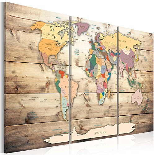 B&D XXL Weltkarte Pinnwand & Vlies Leinwand Bild 120x80 cm XXL Bilder mit Kork Rückwand 3 Teilig Kunstdruck Korktafel Korkwand Memoboard Pinboard Wandbilder Karte Holz Landkarte