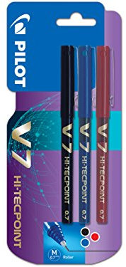 Pilot V7 Hi-Tecpoint Rollerball Pen, 0.7 mm Tip - Black/Blue/Red, Pack of 3