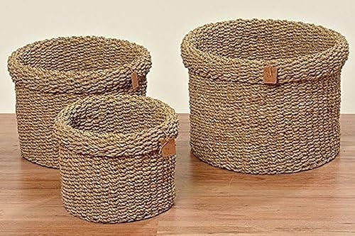 Boltze Sophy 3-teilig (rund, Aufbewahrungskörbe aus Seegras, natürliche Farben, Deko-Körbe im Boho Stil, Skandinavisch, ø 35-43 cm) 2945500, Beige, Universal