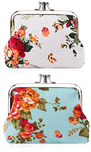 Oyachic 2 Pièces Floral Porte Monnaie Clic Clac Canvas Coin Purse Kiss Lock Clasp Vintage Portefeuille Clip Pochette Toile Femmes Fille(Bleu + Blanc)