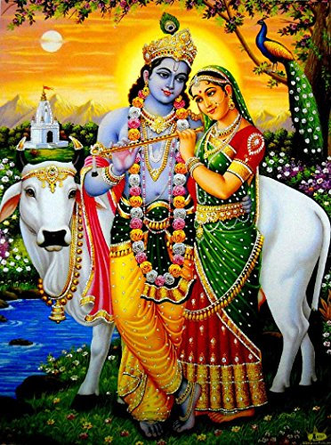 Crafts of India Fluting Radha Krishna/Hindu God Poster with Glitter-Reprint on Paper (Unframed : Size 12X16 Inches)