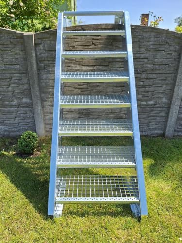 Stahltreppe Industrietreppe Aussentreppe Treppe 8 Stufen-Stufenbreite 80cm / Geschosshöhe variabel 120-160cm verzinkt Gitterrosttreppenstufen Tiefe 24cm
