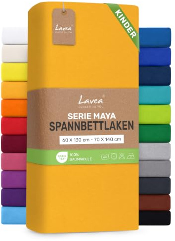 Lavea® Spannbettlaken Kinder 60x130cm - 70x140cm - Goldgelb | Maya, 100% Jersey Baumwolle – Weiches Spannbetttuch mit Rundumgummi, atmungsaktives Bettlaken für Matratzen bis 12 cm