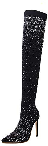 Calzini da donna in rete elasticizzata con strass luccicanti, sexy, a punta, con tacco alto, con strass luccicanti, colore nero, nero, 39.5/40 EU