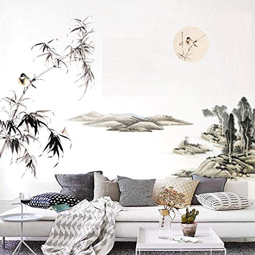 COVPAW® Wandtattoo Wandaufkleber XXL Bambus Landschaft Berg Chinesische Malerei Gemälde Wandsticker Wandbild Bilder Wohnzimmer Schlafzimmer Deco