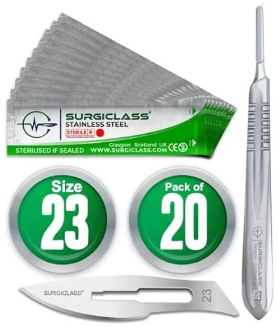 Surgical Scalpel Surgical Blades # 23 Stainless Steel Sterile Pack of 20 and Handle No 4 Perfect for wood art, Surgical, Sculpting, Repairs, Lab Anatomy, Sign, Card Making Lab Training SURGIGR23-20
