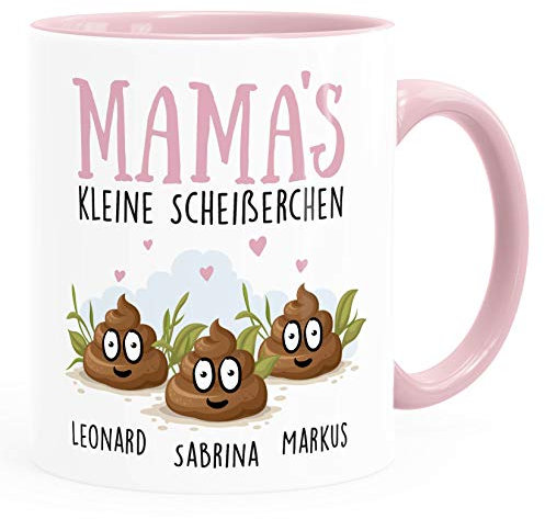 MoonWorks®Tasse personalisiert Mama's kleine Scheißerchen und anpassbare Namen Kackhaufen Geschenk für Mama 3 Kinder rosa Keramik-Tasse