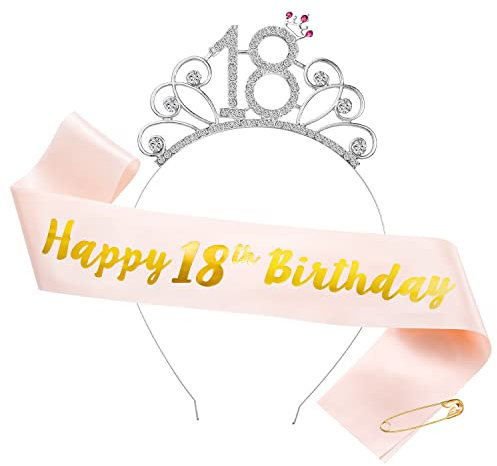 Geburtstagskrone und Schärpe Silber Dekoration Set für Kinder, Prinzessin Krone Haarreif Stirnband Tiara Diadem mit Strass Geschenke Party Zubehör für 18. jahre Teenager Mädchen Girl Geburtstag Deko
