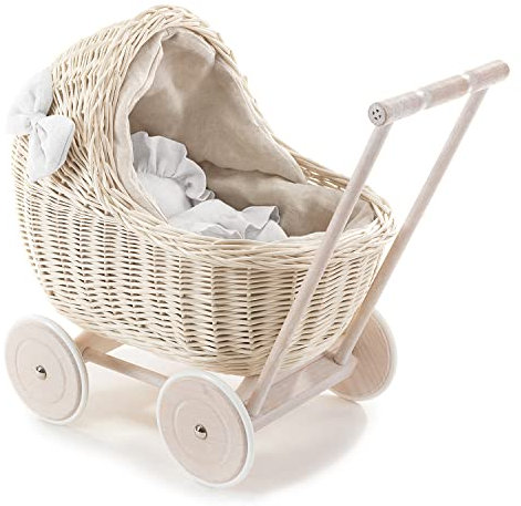 e-wicker24 DESAYER PUPPENWAGEN AUS WEIDE MIT LEINEN BETTWÄSCHE, Spielzeug AUS WEIDEN IN BEIGE, NATÜRLICHE KINDERSPIELZEUG, EIN Geschenk FUR EIN Kind (weiß)