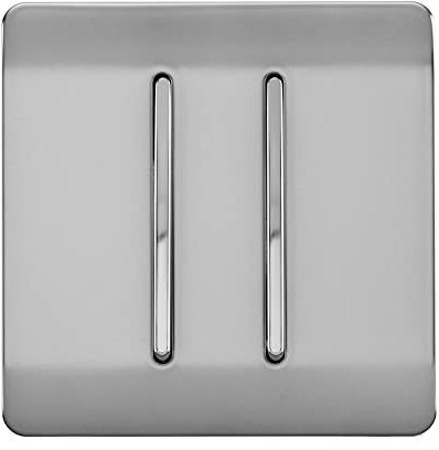 Trendi 2 Gang 2 Way 240V Screwless Raised Front Plate Plastic Artistic Modern Glossy 10 Amp Chrome Rocker Single Electrical Wall Light Switch Brushed Steel - ART-SS4BS
