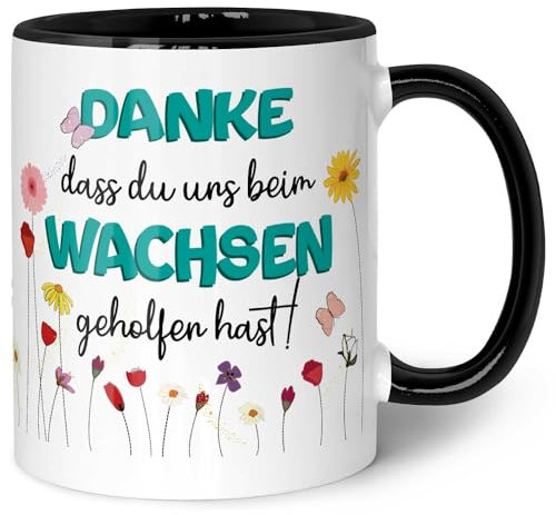 Bedruckte Tasse mit Spruch - Danke dass du uns beim Wachsen geholfen hast - Geschenk für Erzieher Lehrer zum Kindergarten Abschied - Geschenk als Dankeschön - Farbe: Blumen Blau - Schwarz & Weiß
