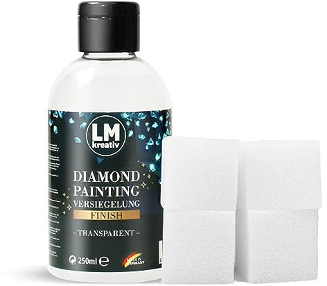 LM Diamond Painting Versiegelung 250 ml & 4 Schwämmchen - Transparent - Versiegeler, um dein Meisterwerk der Diamantmalerei zu schützen. Trocknet schnell & hinterlässt ein transparentes Finish
