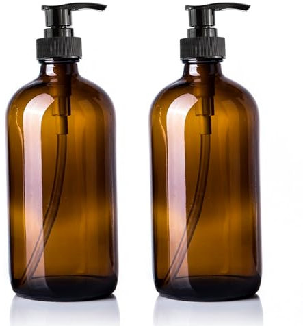 DRERIO Flacon Pompe Ambré Verre Lot de 2 Bouteille Verre 500ml avec 4 Salle de Bain ÉTiquettes, Distributeur pour Shampoing, Liquide Vaisselle, Huile de Massage