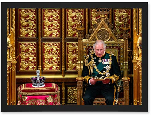 Artery8 King Charles III Third of England Scotland United Kingdom with Crown of Queen Elizabeth II Photo Artwork Framed Wall Art Print A4