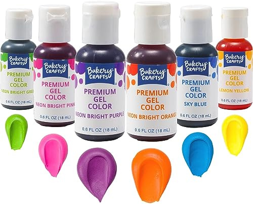 Bakery Crafts Premium Gel Neon Food Coloring 6 Bottle Assortment, 3.6 Fl Oz, Bright Edible Color For Baking And Decorating, Highly Concentrated, Yellow, Orange, Purple, Blue, Pink, Green | 6 x 0.6FL |