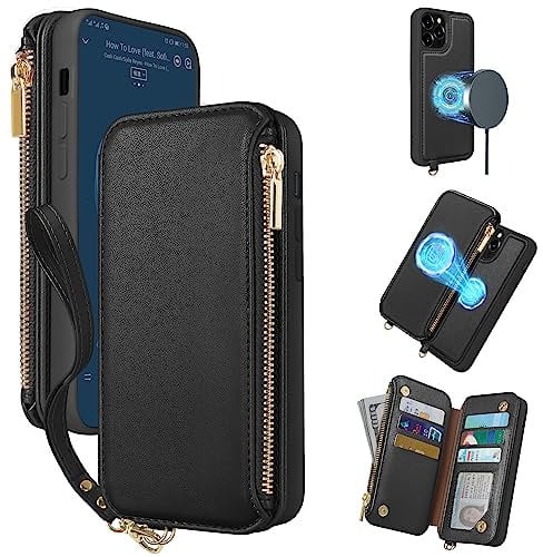 CIVICASE for iPhone 12/iPhone 12 Pro Zipper Case with,2 in 1 Wallet Case Magnetic Detachable,RFID Card Protection,6 Card Slots Zipper Pocket Handbag,Wireless Charging Compatible Magsafe - Black