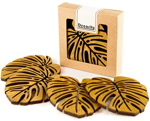 Decorify Posavasos Monstera de 11 x 10 cm (4 Unidades), Posavasos de Madera para Tazas y Vasos, Posavasos de Madera de 6 mm, decoración de Mesa, Roble Claro