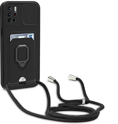 Dllatui Handyhülle Kompatibel mit Xiaomi Redmi Note 10 5G/Poco M3 Pro 5G Halsband Lanyard Silikonhülle,mit Kamera Schutz Schieber,Drehbarer Ständer mit Kartenfach Necklace Hülle (Schwarz)