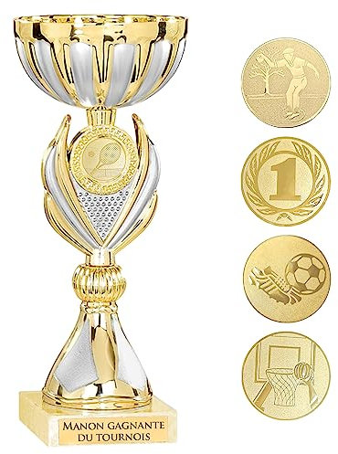 KDO MAGIC Trophée Personnalisable - Coupe personnalisée avec Texte - Gravure - Plusieurs modèles - Or et Argent - Cadeau fête des Pères, Anniversaire, Sport (Modèle Tennis)