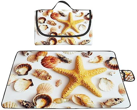 TengYuer Picknickdecke 180x200cm Stranddecke Wasserdicht Sandfrei Isoliert Faltbar Strandmatte mit Tragegriff Outdoor Campingdecke XXL für Camping Parks Strände Picknick Muschel Seestern Gelb