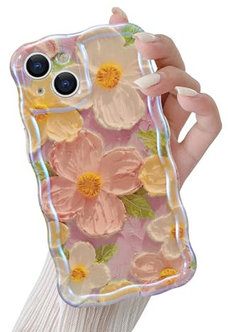 QLTYPRI Case for iPhone 13, Laser Colorful Retro Oil Painting Flower Pattern Cute Curly Wave Frame Exquisite Phone Case for Girls Women, Shockproof TPU Protective Phone Cover for iPhone 13- Pink
