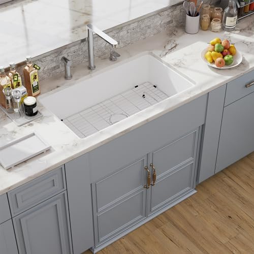 Hugsleek - 30 fregaderos de cocina blancos de montaje superior y bajo encimera, 30 x 18 pulgadas, porcelana blanca, cerámica, arcilla refractaria, accesorios de montaje doble, cuenco individual debajo