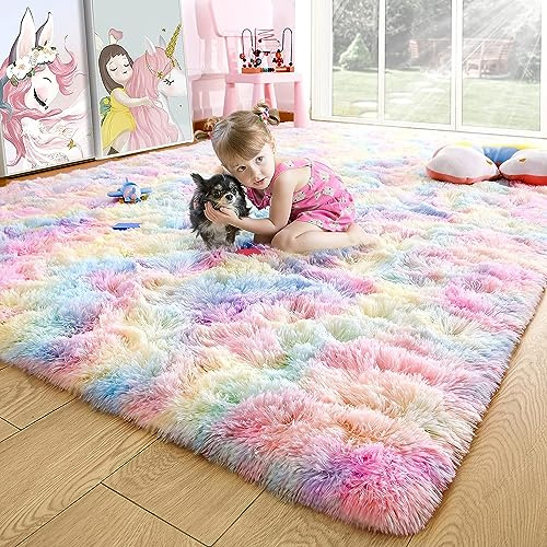 EMPVEX Luxuriöser Flauschiger Teppich für Schlafzimmer und Wohnzimmer - Regenbogen-Rosa Batik, 3-Lagiges Material, Kinderzimmer, 140 x 200 cm