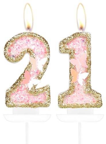 mciskin Butterfly Birthday Number Candles, Pink Gold 21 Candles Cupcake Topper for Cake, Girls 21st Birthday Decorations, Butterfly 10th Birthday Candle Cake Topper for Butterfly Theme Party