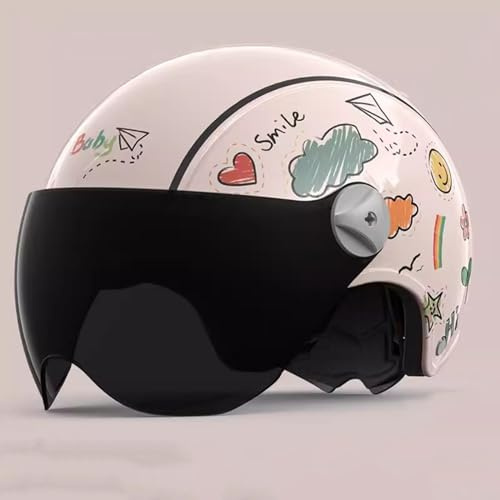 QJWMatic Kinder Motorrad Halbhelm Jethelm Retro Leichter Jethelm Mit Visier Jungen Mädchen 3–16 Jahre Alt C,48-58CM