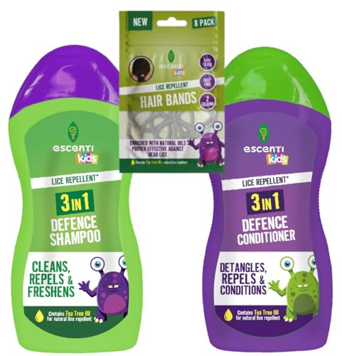 3 in 1 Head Lice Repellent Kids Shampoo & Conditioner With 8 Lice Repellent Hair Bands Included | Head Lice Repellent Defence Treatment | Contains Tea Tree for a Natural Repellent