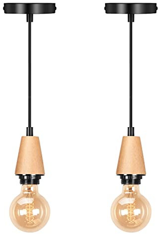LIGKIN 2 Pièces Suspension Luminaire Câble E27 Porte Lampe Industriel Vintage en Bois, Suspension Douille de Réglable 100cm Câble avec en Métal pour Bar Café Hôtel (Noir)