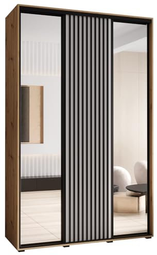 MEBLE KRYSPOL Sapporo 2 Moderner Schrank mit DREI Schiebetüren mit Spiegel, Stange, Regalen - Aufbewahrungsschrank für Schlafzimmer, Wohnzimmer - 205,2x150x45 cm - Artisan Weiß Schwarz