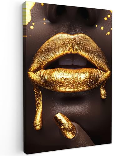 MuchoWow© Wandbilder 60x90 cm Schlafzimmer Home Deko Wohnung Bild Wohnzimmer Fotoleinwand Wand Bilder Leinwand Wall Decor Frau - Gold - Lippen - Luxus - Porträt