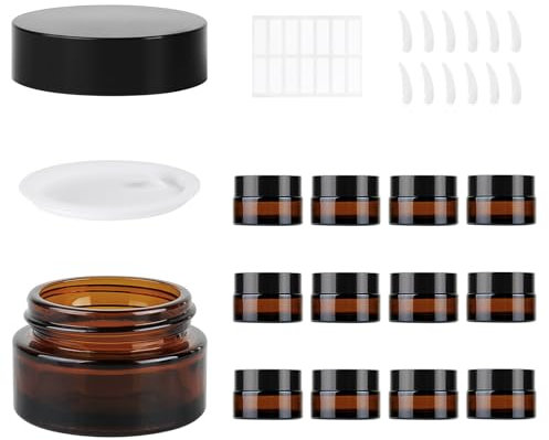 MirraSwit 12 Piezas Ámbar Tarros de Cristal 20ml, Tarros Cosmeticos en Vidrio Marrón con Tapas, Ámbar Botes Pequeños de Cristal, con Etiquetas, Espátulas para Cosméticos, Cremas, Lociones