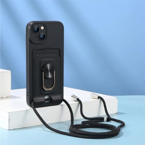 KK KENIK Case for iPhone 15 Plus/14 Plus Lanyard with Card,Ring Holder,Liquid Silicone Slim Fit Shockproof Protective Wallet with Adjustable Neck Strap Lanyard For iPhone 14 Plus/15 Plus Cover Black