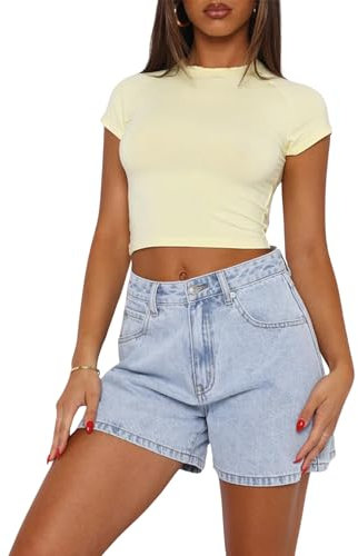 OYIGELZ Damen Basic T-Shirt Klassischer Schnitt Sommer Tee Shirts Kurzarm Crop Tops Y2K Slim Fit Tshirt Oberteile(Aprikose-X1,L)