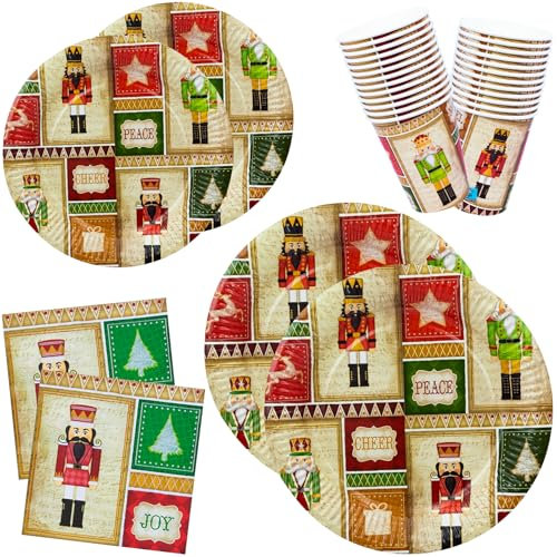 HNH Christmas Paper Plates, Napkins, Paper Cups 96 Pieces Tableware Set Disposable | Nutcracker Soldier | for Party Table Decorations