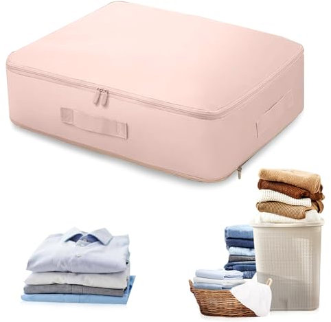 Ultra Space Saving Self Compression Organizer Bedroom Clothes Storage Bags with Zipper Heavy Duty Large Moving Bags Self Compression Moving Organizer Bags Packing Cubes for Comforters Pink, 54×42×28cm