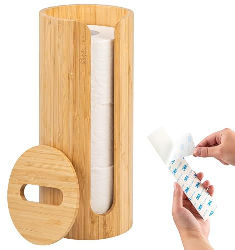 eluno Toilettenpapier Aufbewahrung für 3 Ersatzrollen aus Bambus im natürlichen Design, Rollenhalter mit Deckel & Ablagefläche, nachfüllbarer Toilettenpapierrollenhalter, zum Kleben oder zum Bohren