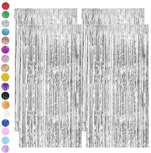 Silver Tinsel Curtain Party Backdrop,4pcs 3.2ft x 6.5ft Foil Curtain Decorations,Silver Foil Fringe Streamers Metallic Tinsel Door Hanging Foil Flow Silk Streamers for Birthday Wedding Holiday Party