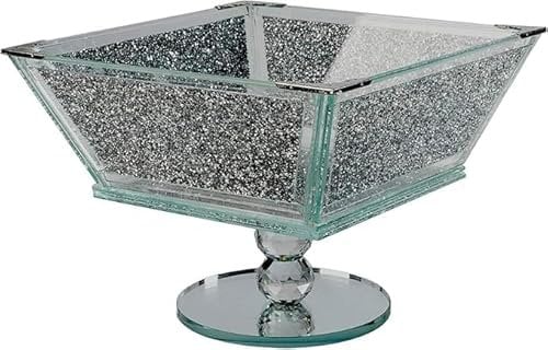 Crystal Extra Large Fruit Bowl Centre Piece Storage Sparkle Crushed Diamond Filled Silver Metal Frame Square Shape