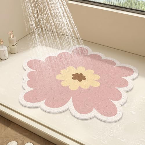 Tapis de douche rond à motif floral pour douche intérieure, tapis de sol en luffa en PVC, antidérapant, anti-moisissure, avec drainage, séchage rapide (rose, 50 x 50 cm)