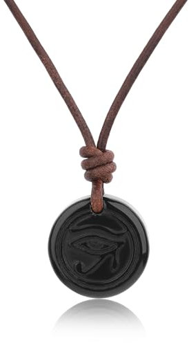 COAI Collier avec Pendentif, Collier Cordon Cuir, Collier Obsidienne pour Homme/Femme, Pendentif Œil de Râ