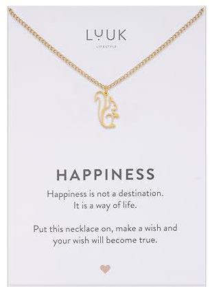 LUUK LIFESTYLE Damen Halskette aus Edelstahl mit Eichhörnchen Anhänger, 50 cm verstellbar, Boho Schmuck, wasserfest, modernes Geschenk für Mutter, Tochter mit HAPPINESS Spruchkarte, Rosegold