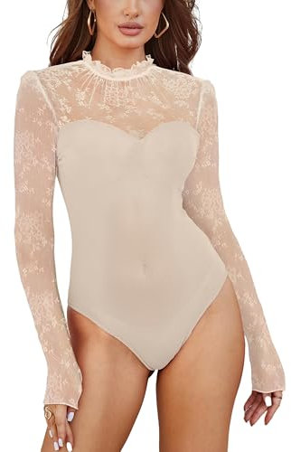 SEBOWEL Body in pizzo da donna, sexy, a maniche lunghe, in rete, con scollo a V, elegante top trasparente, beige., XL