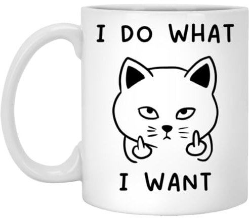 Tazza da caffè con scritta I Do What I Want Cat, divertente tazza con dita medie, regalo per gli amanti dei gatti, 325 ml, bianco