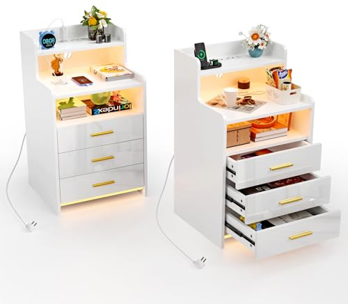 Nachttisch Weiß 2er Set mit 3 Schubladen 2 Ablagefächern, Nachttische LED Nachtkommode mit USB-Anschlüsse und Steckdosen, Nachtschrank Schlafzimmer, Beistelltisch Wohnzimmer, 40x45x76cm Nachtisch