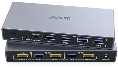 Alxum Commutateur KVM USB HDMI 2 PC 1 moniteur, deux ordinateurs pour partager un écran avec quatre ports USB, incluant un contrôleur de bureau, 2 câbles USB et un adaptateur d'alimentation