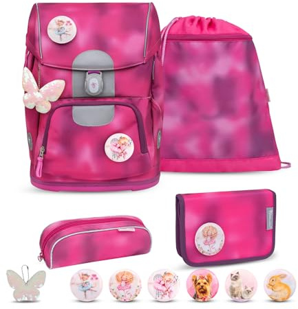 Belmil Motion ergonomisches Schulranzen Set 5-teilig aus recyceltem Material mit Brustgurt, Hüftgurt, Magnetverschluss, Patch Set 6 Stück (405-74/AG/S) (Shiny Pink 2025)